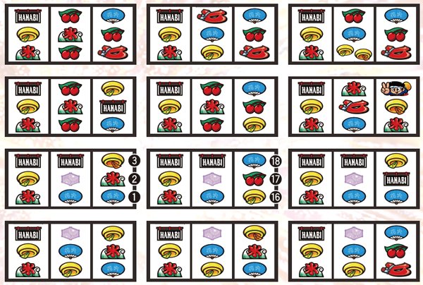 ハナビリーチ目・左リール上段暖簾停止時のビック確定目