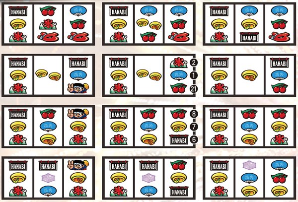 ハナビリーチ目・左リール上段暖簾停止時のビック確定目