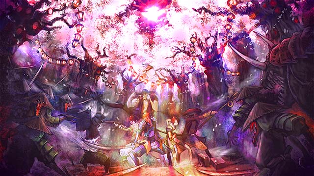 鬼武者幻魔闘ボーナス終了画面桜の下で戦う5人