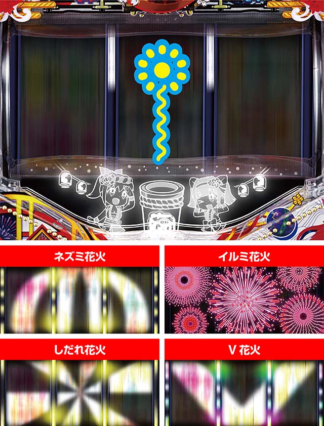 ドラム海物語INJAPANジャパンモード専用演出・花火発展予告