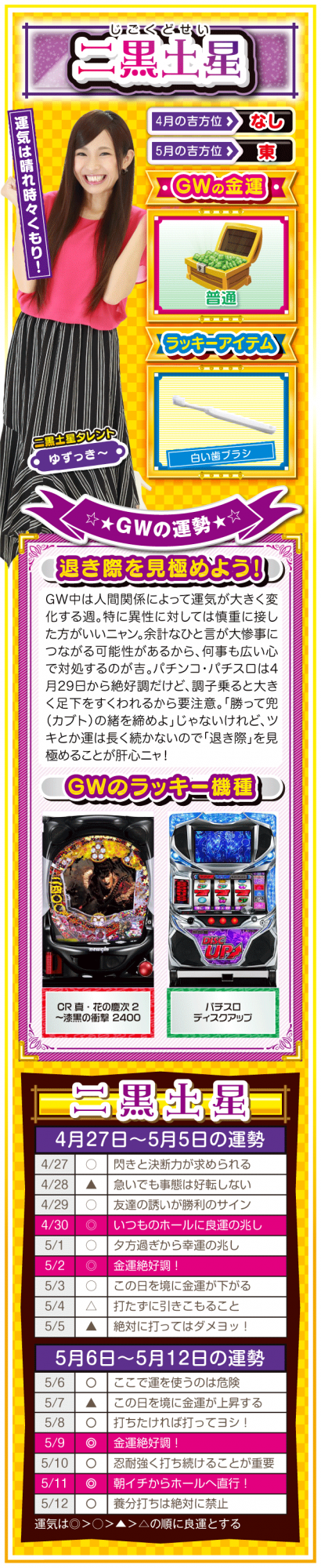 <二黒土星> (見出し) 運気は晴れ時々くもり! (ラッキー方位) 東 (金運) 普通(★★★☆☆) (ラッキーアイテム) 白い歯ブラシ (ラッキー機種) パチンコ CR真・花の慶次2~漆黒の衝撃 パチスロ パチスロディスクアップ (運勢) 人間関係によって運気が大きく変化する週。特に異性に対しては慎重に接した方がいいニャン。余計なひと言が大惨事につながる可能性があるから、何事も広い心で対処して吉。パチンコ・パチスロは4月29日から絶好調だけど、調子乗ると大きく足下をすくわれるから要注意。「勝って兜の緒を締めよ」じゃないけれど、ツキとか運は長く続かないので退き際を見極めることが肝心ニャ!