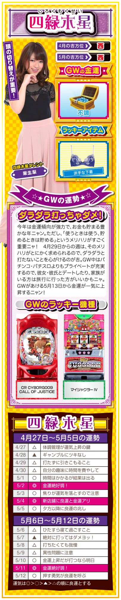 <四緑木星> (見出し) 頭の切り替えが重要! (ラッキー方位) 西 (金運) やや低調(★★☆☆☆) (ラッキーアイテム) 派手な下着 (ラッキー機種) パチンコ CRぱちんこAKB48-3 誇りの丘 パチスロ パチスロディスクアップ (運勢) 今年は金運傾向が強力で、お金も貯まる豊かな年ニャン。ただし、「使うときは使う、貯めるときは貯める」というメリハリがすごく重要ニャ! 4月29日からの週は、そのメリハリがとにかく求められるので、ダラダラと打たないことを心がけて吉。GW中はパチンコ・パチスロよりもプライベートが充実するので、彼女・彼氏とデートしたり、家族がいる方は旅行に行った方がいいかもニャ。GWがあける5月13日から金運が一気に上昇するニャン!
