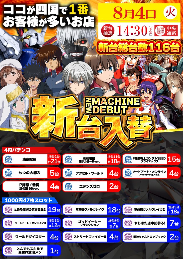 8月4日(火)新台入替!