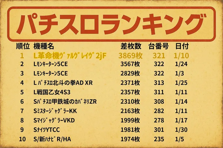 パチンコすずらん船川海岸通り店のパチスロ出玉ランキング