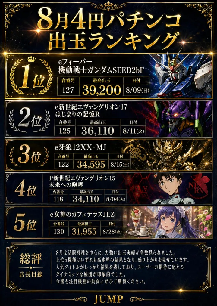 ジャンプ鹿折店のパチンコ出玉ランキング