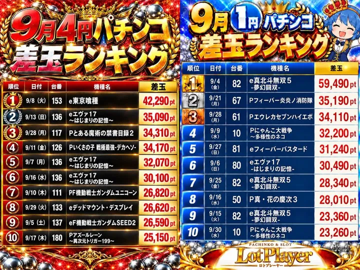 ロトプレーヤー垂水店のパチンコ出玉ランキング