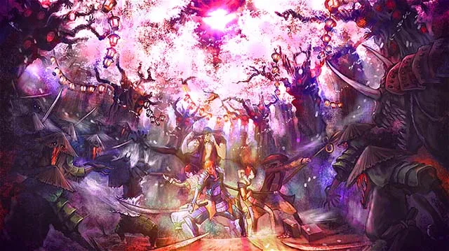 鬼武者幻魔闘ボーナス終了画面桜の下で戦う5人