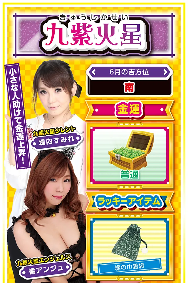 小さな人助けで金運上昇！  ＜6月の吉方位＞ 南  ＜金運＞ 普通（★3）  ＜ラッキーアイテム＞ 緑の巾着袋  ＜運勢見出し&文章＞ 変化を見逃さないで！  直感が冴えまくる九紫火星は小さな変化を見逃さない。そう、今週は小さな変化（違和感）を見逃さない者にのみ、幸運がやって来るニャン♪　仲間や恋人の変化を見逃さず、小さな人助けができれば、さらに運気も上昇。金運も2段階くらいアップするので、仲間や恋人から感謝された時にのみ打ちに行くニャ！　逆に小さな変化（違和感）に気づけないと金運も下降&hellip;&hellip;人間の気持ちがわからない人に機械の気持ちがわかるとでも？  ＜ラッキー機種＞ デジハネCR北斗の拳6 慈母 アナザーゴッドハーデス-奪われたZEUSver.-  6/22◎安定した運気が期待できる日 6/23○穏やかな気持ちで過ごせる日 6/24◎大局的な判断が幸運を呼ぶ 6/25△用心が必要な日 6/26△計画変更は明日以降に 6/27○対人関係で苦労する日 6/28▲早合点はトラブルの元 6/29△第三者の意見を参考にしよう 6/30○楽観的に考えるのが吉