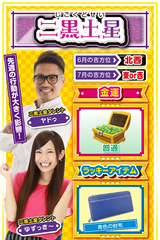 先週の行動が大きく影響! <6月の吉方位> 北西 <7月の吉方位> 東or西 <金運> 普通(★3) <ラッキーアイテム> 青色の財布 <運勢見出し&文章> 災い回避の鍵は変化! 先週の行動が大きく影響する1週間ニャ! 目的・目標を持って行動してきた人には良い結果とラッキーが舞い込み、逆にダラダラと過ごしてきた人には予想外の災いが訪れるかも? 予想外の災いを回避する鍵は「習慣の変化」が握っているニャン。いつも食べないものを食べたり、遊ばない人と遊んでみたりと、変化を楽しむことができれば運気も上昇。 パチンコ・パチスロは7月7日の朝イチから勝負ニャ! <ラッキー機種> CR地獄少女 宵伽FPU 押忍!番長A 6/29◎大胆かつ豪快に行動しよう 6/30○朝から打つのが吉 7/1◎積極的に打ちにいこう 7/2○集中力を保てば運気上昇 7/3▲ミスに気付いたら迅速に対応 7/4○見栄を張らず素直な気持ちで 7/5▲何ごとも慎重に行動して 7/6△結論の先延ばしは避けよう 7/7○流れに身を委ねよう