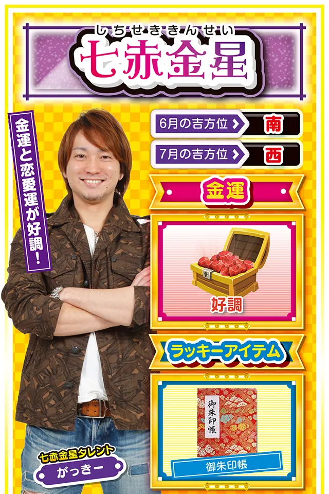 金運と恋愛運が好調! <6月の吉方位> 南 <7月の吉方位> 西 <金運> 好調(★4) <ラッキーアイテム> 御朱印帳 <運勢見出し&文章> 仲良く吉方位へお出かけ あなたの努力が報われる週になるニャ! そして思わぬ幸せが手に入る1週間でもあるニャン♪ パチンコ・パチスロを打つ際は「打つべき機種」、「打ちたい機種」をキッチリ決めて実践ニャン♪ また、恋愛運も上昇しているので、愛の告白をするには最適。彼氏・彼女がいる人は、自宅から西の方角を意識して遊びに行くのが吉。愛のパワーと良運が重なって無敵状態で過ごせるニャン。 <ラッキー機種> CR真・花の慶次2 パチスロ学園黙示録ハイスクール・オブ・ザ・デッド 6/29○新たな協力者が現れる日 6/30▲早寝早起きが吉 7/1△若手の意見を取り入れよう 7/2○時間に余裕を持って行動 7/3◎新機種を積極的に実戦 7/4○短絡的な行動はNG 7/5○結果を急がず過程重視で 7/6○合理的な行動が幸運を呼ぶ 7/7△情報交換を積極的に行おう