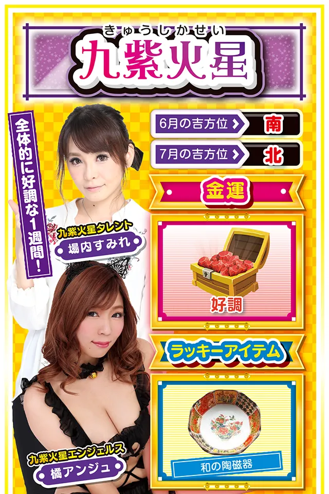 全体的に好調な1週間! <6月の吉方位> 南 <7月の吉方位> 北 <金運> 好調(★4) <ラッキーアイテム> 和の陶磁器 <運勢見出し&文章> 感謝の気持ちで運気倍増 学業・恋愛・仕事など、これまで努力してきたことに対して、素晴らしい結果を得る1週間。また、あなたが周りに与えてきた「思いやり」が、大きな成果として戻ってくる週でもあるニャン♪ 「報われた!」と思える瞬間を何度も味わうことができるので、それに対して必ず「感謝」すること。この「感謝」の気持ちが、さらなる運気上昇の鍵でもあるニャン。パチンコ・パチスロも当然絶好調。7月3日は朝からホールに突撃ニャ! <ラッキー機種> CR緋弾のアリアⅡ HEY!鏡 6/29△第三者の意見を参考にしよう 6/30○楽観的に考えるのが吉 7/1◎楽しんで仕事をすれば運気UP 7/2○新情報は必ず裏を取ろう 7/3◎集大成となる1日 7/4△何となくスッキリしない日 7/5△読書をして知識を蓄積しよう 7/6○見栄を張ると運気が急下降 7/7▲無用な外出は控えよう