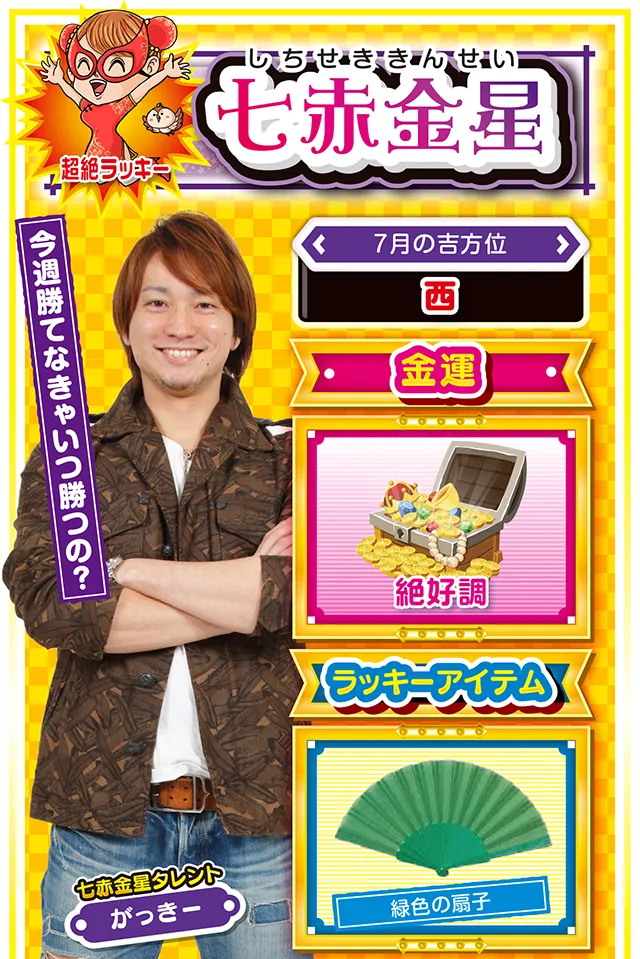 七赤金星】※超絶ラッキー ＜タレント横キャッチ＞ 今週勝てなきゃいつ勝つの？  ＜7月の吉方位＞ 西  ＜金運＞ 超絶ラッキー（★5）  ＜ラッキーアイテム＞ 緑色の扇子  ＜運勢見出し&文章＞ 無敵状態の1週間到来！  今週は嬉しいこと、幸せなことを収穫する週ニャ！　恋愛なら愛情、勉強なら点数、仕事なら契約と、目的・目標を持って行動してきた人には、大きなラッキーが舞い込むニャン♪　さらに金運も絶好調っ&hellip;&hellip;というか、絶好調以上の超絶好調ニャン。ただし、人からの妬み、嫉妬が運気を下げる要因になるので、超絶好調状態を維持したいのなら、必ず人を思いやること。ちょっとした優しさと懐の深さを忘れないで！  ＜ラッキー機種＞ Pうる星やつら～ラムのLoveSong～ パチスロディスクアップ  7/20○謙虚な姿勢で運気上昇 7/21◎午後イチ実戦で勝利を目指せ 7/22○何をやっても成功する日 7/23○強気に攻めて問題なし 7/24○誠意ある行動が幸運を招く 7/25△見栄を張ると運気が急下降 7/26○多くの人との交流が吉 7/27▲場違いな発言は信用を失う 7/28○案件は即決せずに持ち帰ろう