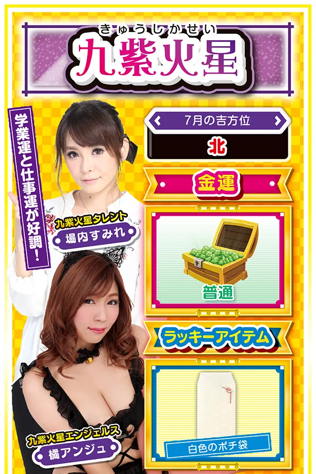 九紫火星】 ＜タレント横キャッチ＞ 学業運と仕事運が好調！  ＜7月の吉方位＞ 北  ＜金運＞ 普通（★3）  ＜ラッキーアイテム＞ 白色のポチ袋  ＜運勢見出し&文章＞ 良い注目を集める行動を！  今週は良い意味でも悪い意味でも注目を集める週ニャ。特に恋人に対する裏切り行為をしている人は要注意&hellip;&hellip;浮気がバレる心配があるのでスマホの管理を徹底ニャン！　また、学生の方は学業運、社会人の方は仕事運が上昇しているので、1日15分でもいいから新しいことにチャレンジすると良運の道が拓けるかも？　金運は若干低迷するので、7月21日と28日以外は打たないこと。無理に打つと大火傷するニャ！  ＜ラッキー機種＞ CRフィーバー革命機ヴァルヴレイヴ パチスロ ガールズ&パンツァーG～これが私の戦車道です!～  7/20○疲れが表面化しやすい日 7/21◎打つなら短時間実戦がお勧め 7/22△変化の多い1日 7/23△思い通りに進まない日 7/24○気持ちと時間に余裕を持とう 7/25▲交通事故に注意 7/26△人の意見に耳を傾けよう 7/27○定石通りの行動が吉 7/28◎楽しく打って運気&勝率UP