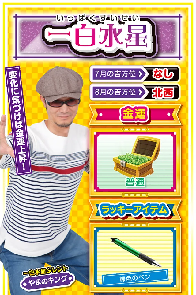 一白水星】 ＜タレント横キャッチ＞ 変化に気づけば金運上昇！  ＜7月の吉方位＞ なし ＜8月の吉方位＞ 北西  ＜金運＞ 普通（★3）  ＜ラッキーアイテム＞ 緑色のペン  ＜運勢見出し&文章＞ 変化を見逃さないで！  人付き合いが得意で人間関係を大切にする一白水星は小さな変化を見逃さない。そう、今週は小さな変化（違和感）を見逃さない者にのみ、ラッキーがやって来るニャン♪　仲間や恋人の変化を見逃さず、小さな人助けができれば運気も上昇。金運も3段階くらいアップするので、仲間や恋人から感謝された時にのみ打ちに行くニャ！　逆に小さな変化（違和感）に気づけないと金運も下降&hellip;&hellip;これ、とっても重要ニャン！  ＜ラッキー機種＞ CRぱちんこ水戸黄門Ⅲ パチスロ聖闘士星矢 海皇覚醒  7/27◎週末は思う存分に打とう 7/28○昨日の結果を元に台選択 7/29◎心身共に充実した1日 7/30○私生活の乱れに注意 7/31△事務的なミスに注意 8/1○悩みは躊躇せず人に相談 8/2▲うまい話には乗らないで 8/3△異性トラブルに注意 8/4△今日はゆっくりと休んで