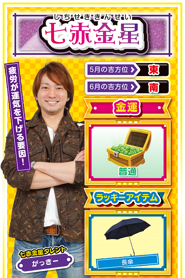 今週は八方ふさがりの週 cap↓ 今週は浮き沈みの激しい毎日になりそうニャ。仕事も恋愛も浮き沈みが激しく、心と身体がヘロヘロに疲れそう。こういう時はストレスを発散したくてホールに足を運びがちだけど、今週は身体をいたわるのが吉。パチンコ・パチスロの調子も浮き沈みが激しく、正常な判断ができなくて大負けする可能性が高いニャ! 来週の月曜から運気が上昇するので、今週は日帰り温泉でリフレッシュニャン♪ <ラッキー機種> ぱちんこ 劇場霊 SLOT魔法少女まどか☆マギカ 5/25◎積極策が吉 5/26○努力が実る日 5/27○分からない点は素直に質問 5/28◎柔軟な思考が成功の鍵 5/29○ブレずに目標へ邁進しよう 5/30○自分の意見を最後まで貫こう 5/31○気の緩みが失敗を招く 6/1△下手な言い訳はしないで 6/2○気遣いを忘れずに