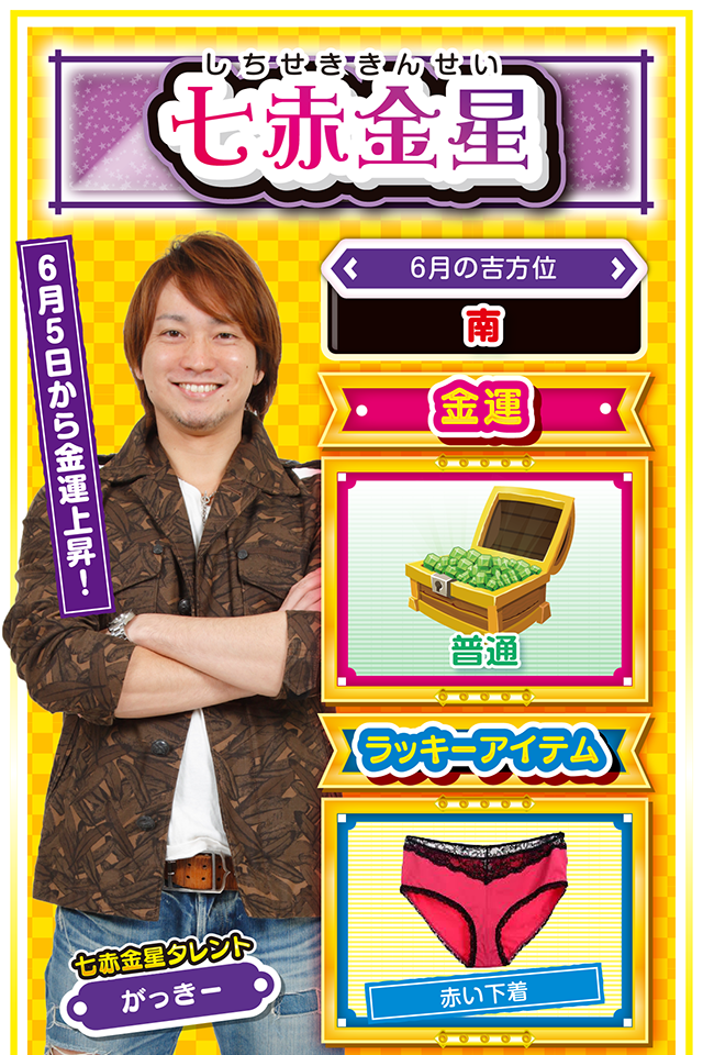 ６月５日から金運上昇！  ＜6月の吉方位＞ 南  ＜金運＞ 普通（★3）  ＜ラッキーアイテム＞ 赤い下着  ＜運勢見出し&文章＞ 新たな挑戦が開運の鍵！  週のはじめからやる気スイッチオーーーンニャ！　とにかくチャンスとラッキーに恵まれる週なので、それらを絶対に逃さないこと。また、今週は新たな挑戦が、あなたの運気を上昇させるニャン♪　学生の方は恋愛運、社会人の方は金運が上昇しているので、そこに照準を絞って行動あるのみ。パチンコ・パチスロは6月5日から毎日打ってもOKニャ！  ＜ラッキー機種＞ P寄生獣 SLOTギャラガ
