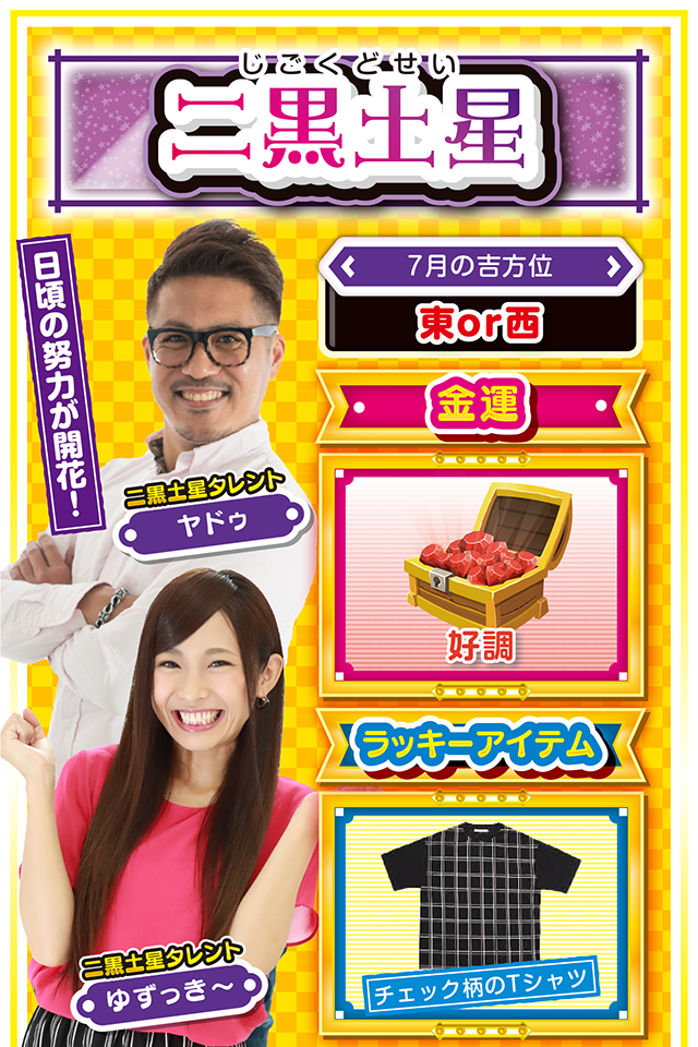二黒土星】 ＜タレント横キャッチ＞ 日頃の努力が開花！  ＜7月の吉方位＞ 東or西  ＜金運＞ 好調（★4）  ＜ラッキーアイテム＞ チェック柄のTシャツ  ＜運勢見出し&文章＞ 早い決断を心がけよう  安心安定の運勢が見込めるニャン。今まで積極的、かつ計画的に行動してきた人は結果が実り、順風満帆の1週間となるニャ。ただし、あれこれ気迷いすると逆にチャンスを逃してしまうので、スピード感をもって決断した方が良い結果に結びつきやすいニャン。あと、日頃から不摂生な生活をしている人は疲れが一気に表面化しやすいので要注意。パチンコ・パチスロを打つなら17日〜19日がオススメ!  ＜ラッキー機種＞ CR牙狼TUSK OF GOD パチスロ ルパン三世 世界解剖  7/13○目立つ行動は避けた方が無難 7/14▲丁寧な応対を心がけよう 7/15△発言には細心の注意を払おう 7/16○広い視野で物事を考えよう 7/17◎大胆かつ緻密に行動 7/18○仕事に集中すれば結果が出る 7/19◎直感を信じて台を選択 7/20○近場で実戦するのが吉 7/21▲忍耐が必要になる日