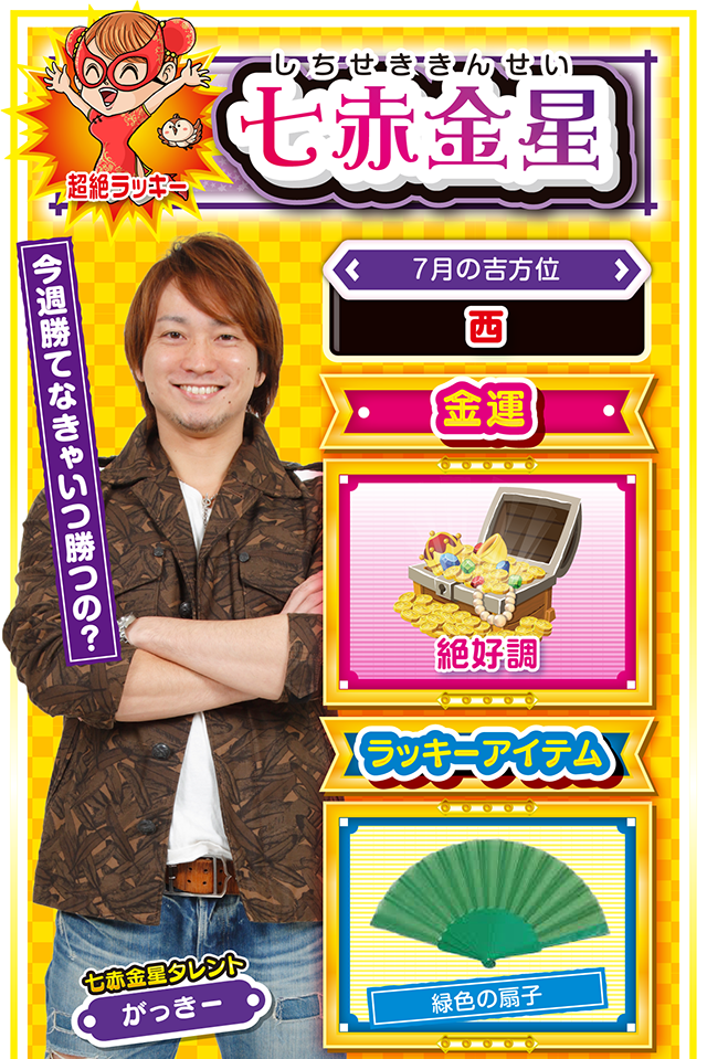 七赤金星】※超絶ラッキー ＜タレント横キャッチ＞ 今週勝てなきゃいつ勝つの？  ＜7月の吉方位＞ 西  ＜金運＞ 超絶ラッキー（★5）  ＜ラッキーアイテム＞ 緑色の扇子  ＜運勢見出し&文章＞ 無敵状態の1週間到来！  今週は嬉しいこと、幸せなことを収穫する週ニャ！　恋愛なら愛情、勉強なら点数、仕事なら契約と、目的・目標を持って行動してきた人には、大きなラッキーが舞い込むニャン♪　さらに金運も絶好調っ……というか、絶好調以上の超絶好調ニャン。ただし、人からの妬み、嫉妬が運気を下げる要因になるので、超絶好調状態を維持したいのなら、必ず人を思いやること。ちょっとした優しさと懐の深さを忘れないで！  ＜ラッキー機種＞ Pうる星やつら～ラムのLoveSong～ パチスロディスクアップ  7/20○謙虚な姿勢で運気上昇 7/21◎午後イチ実戦で勝利を目指せ 7/22○何をやっても成功する日 7/23○強気に攻めて問題なし 7/24○誠意ある行動が幸運を招く 7/25△見栄を張ると運気が急下降 7/26○多くの人との交流が吉 7/27▲場違いな発言は信用を失う 7/28○案件は即決せずに持ち帰ろう
