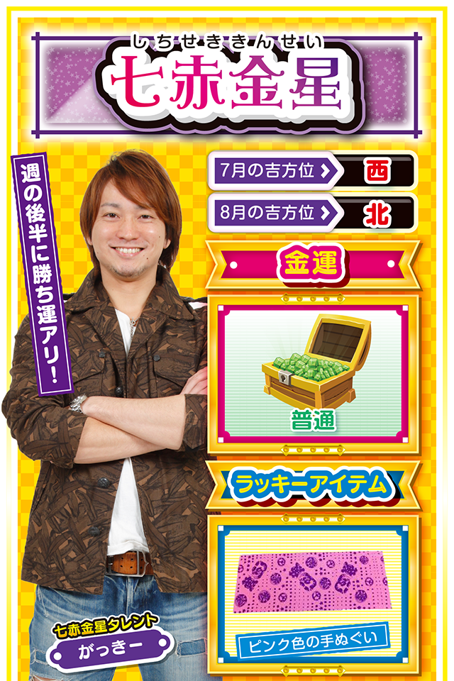 七赤金星】 ＜タレント横キャッチ＞ 週の後半に勝ち運アリ！  ＜7月の吉方位＞ 西 ＜8月の吉方位＞ 北  ＜金運＞ 普通（★3）  ＜ラッキーアイテム＞ ピンク色の手ぬぐい  ＜運勢見出し&文章＞ 運気の波が激しい1週間  超スピードで走っているのに急停車……これって身体だけではなく心にも大ダメージを食らうニャ。運気の波も上下に激しいので、調子に乗らないことが大切。ただし、金運は中吉くらいなので、ストレスが溜まったらホールに直行ニャ！　打ちたい機種が明確なら7月30日以降で大勝ちできるかも？　ちなみに恋愛運は不調なので、彼氏・彼女とのケンカには要注意ニャン♪  ＜ラッキー機種＞ CRめぞん一刻～約束～ GI優駿倶楽部2  7/27▲場違いな発言は信用を失う 7/28○案件は即決せずに持ち帰ろう 7/29○興味のある新分野に挑戦 7/30◎今日の実戦は粘るのが吉 7/31○正攻法で立ち向かおう 8/1○自分の方向性を見つめ直す日 8/2○強気で押していい日 8/3△目立つ行動は避けよう 8/4○友達の忠告は素直に聞こう