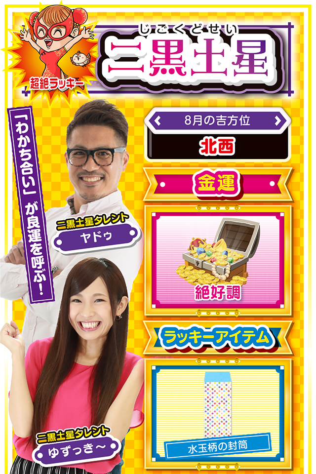 二黒土星】※超絶ラッキー <タレント横キャッチ> 「わかち合い」が良運を呼ぶ! <8月の吉方位> 北西 <金運> 絶好調(★5) <ラッキーアイテム> 水玉柄の封筒 <運勢見出し&文章> 18日は無敵状態の運気 今週はとにかく平和ニャ! 心を穏やかに過ごせるだけではなく、学業、恋愛、仕事の面で良い知らせが届くかも知れないニャン♪ また、金運に関しても無敵状態の5日間(3日から7日)が到来するので、サラリーマンの人は仕事帰りにひと勝負するといいことがあるかも? そこで勝ったお金は自分だけのものにはせず、友人・恋人・家族に対して「わかち合う」ことも忘れずに! これを忘れると来週、痛い目を見るから気をつけて。 <ラッキー機種> ぱちんこCRブラックラグーン3 パチスロ これはゾンビですか? 8/3○今日から5日間は良運 8/4◎思う存分に打っていい日 8/5○公私混同に注意 8/6◎何をやっても絶好調の1日 8/7○油断しなければ好調維持 8/8▲人の意見を良く聞いて 8/9○夕方からの短時間実戦が吉 8/10▲目立つ行動は控えよう 8/11△責任転換は信用を失う