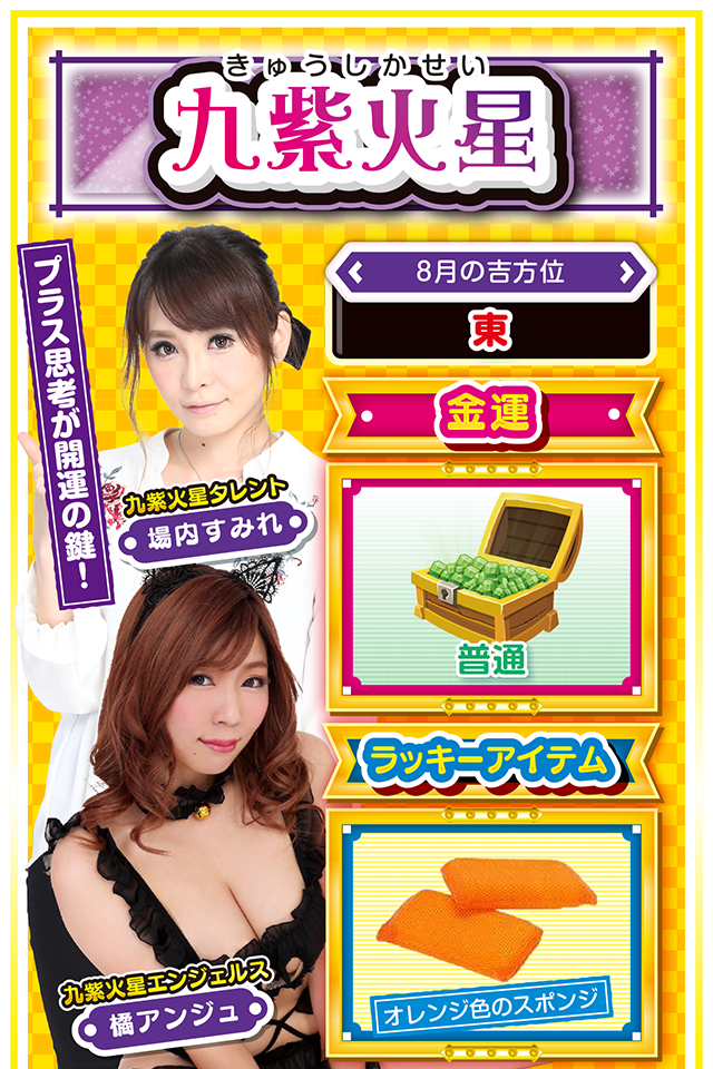 九紫火星】 <タレント横キャッチ> プラス思考が開運の鍵! <8月の吉方位> 東 <金運> 普通(★3) <ラッキーアイテム> オレンジ色のスポンジ <運勢見出し&文章> 浮き沈みの激しい毎日 今週は良い出来事と悪い出来事が交互に訪れそうニャ! 猛暑も重なって気分もドンヨリとしそうだけど、「何とかなるさ」くらいのポジティブ思考が運気上昇の鍵ニャン♪ パチンコ・パチスロも勝ったり負けたりだけど、打つべき日だけは絶対に間違えないこと。打って良い日は6日と8日ニャ! 少しくらいハマっても「チャンスは来るさ」のポジティブ思考が窮地を救ってくれるニャン♪ <ラッキー機種> CR真・怪獣王ゴジラ HEY!鏡 8/3▲浪費に注意 8/4△ゆっくり休んでリフレッシュ 8/5○軽率な行動は失敗の元 8/6◎自分の力を信じて猪突猛進 8/7○感謝の気持ちを忘れないで 8/8◎積極的に実戦していい日 8/9△向上心を持って仕事に挑もう 8/10△目立つ行動は避けよう 8/11○失敗を恐れず果敢に挑戦